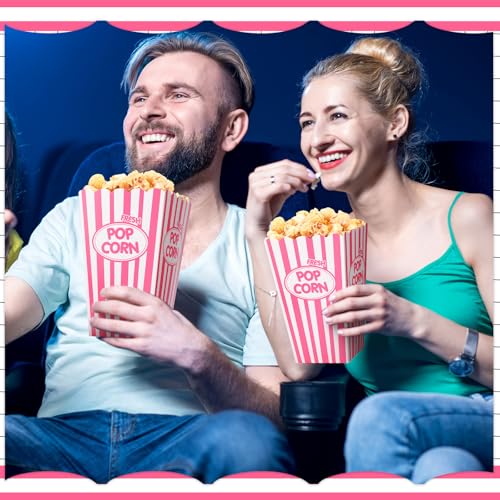 Image of Xinnun 100 Pcs Popcorn Boxes 32 oz Classic Stripe Paper Popcorn Buckets Bulk Disposable Oil Proof Container Vintage Retro Open Top Holders for Movie Night Supply Theater Carnival Party(Pink)