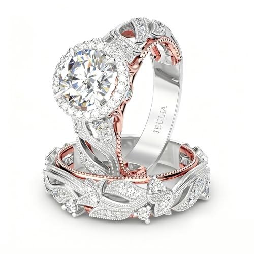 Jeulia 4 Carat Openwork Ring Sets for Women 925 Sterling Silver Wedding Sets Rose Gold Round Cut Halo Engagement Ring White Diamond band CZ Solitaire Anniversary Promise Rings