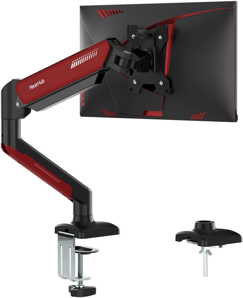 NearHub Gaming Monitor Mount for Computer Screen 13-32" and up to 22 lbs,360° Rotation,+90° to -45° Tilt,180° Swivel,with C Clamp and Grommet Base,Integrated Cable Management,75x75/100x100 VESA,RED