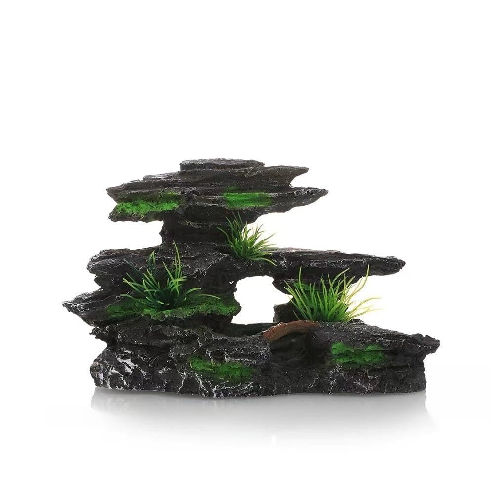 Wyvix 2Pcs Aquarium Rocks Mountain View, Fish Tank Cave and Hideout with Moss Greenery, Small Fake Rock Hide Shrimp for Corner Decorations(F)