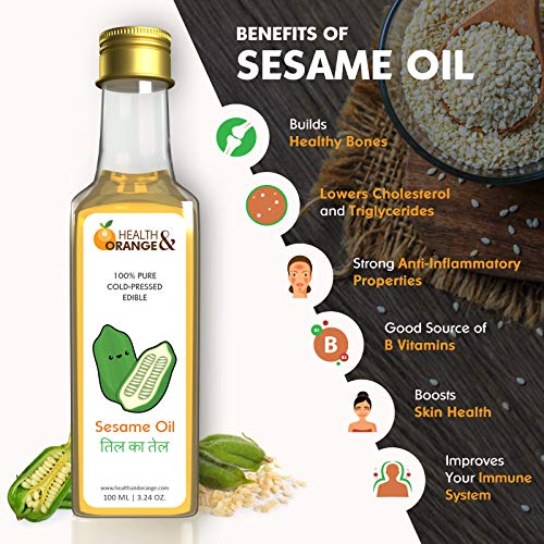 Image of Health and Orange H&O Sesame Oil - 100% Pure Cold Pressed Edible Til Ka Tel, 100Ml Glass Bottle
