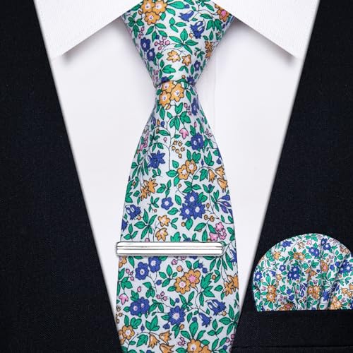 Image of YourTies Cotton Floral Tie for Men 2.5 inch Printed Skinny Necktie Pocket Square Tie Clip Set Flower Wedding Party Groom