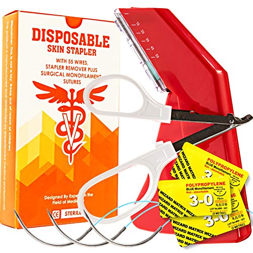 Sterile Suture Thread with Needle Plus Disposable Preloaded 55 Wire Stapler Tool - Medics, EMT, Nursing First Aid Surgical Suture Practice Kit; Outdoor Emergency Wound Training Set; Vet Use