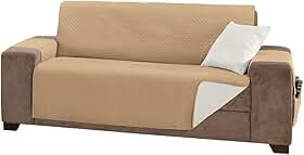Protetor De Sofá Impermeável 4 Lugares King Liso Dupla Face Tecido Microfibra Kaqui/Palha