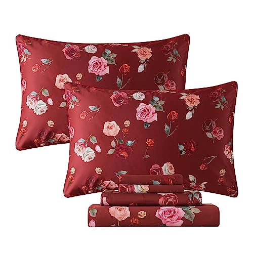 Image of FADFAY Red Rose Sheets Set Full Vintage Rose Floral Bedding Chic Rose Flower Bed Sheets Shabby Farmhouse Bedding 100% Percale Egyptian Cotton 800 Thread Count Deep Pocket Fitted Sheet 4Pcs, Full Size