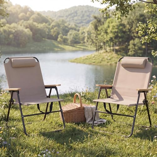 Mendler Juego de 2 sillas de camping HWC-Q44, silla de jardín, silla de balcón, silla de ocio, plegable, ajustable, tela de metal para exteriores, color crema