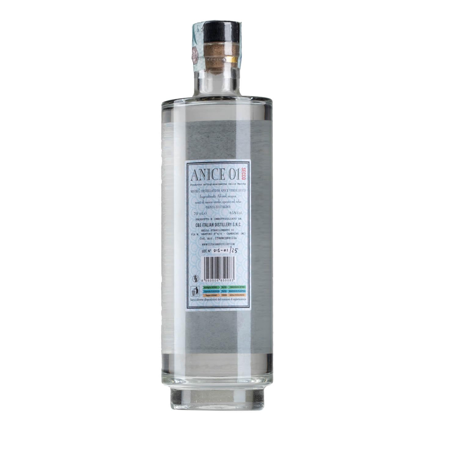 Anice 01 secco, distillato a base di Anice Verde Marchigiano, Menta, Finocchietto Selvatico, Mela di Camerino, Liquirizia, Arancia Dolce, da 70 cl, 45% Vol, C&E Italian Distillery