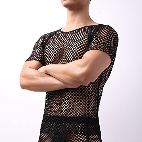 Abafip Men's Grid Mesh Fishnet Tank Tops Short Sleeve T-Shirt Slim Fitted Muscle Tee Workout Sheer See Through Undershirt Clubwear Black X-Large #TOP5