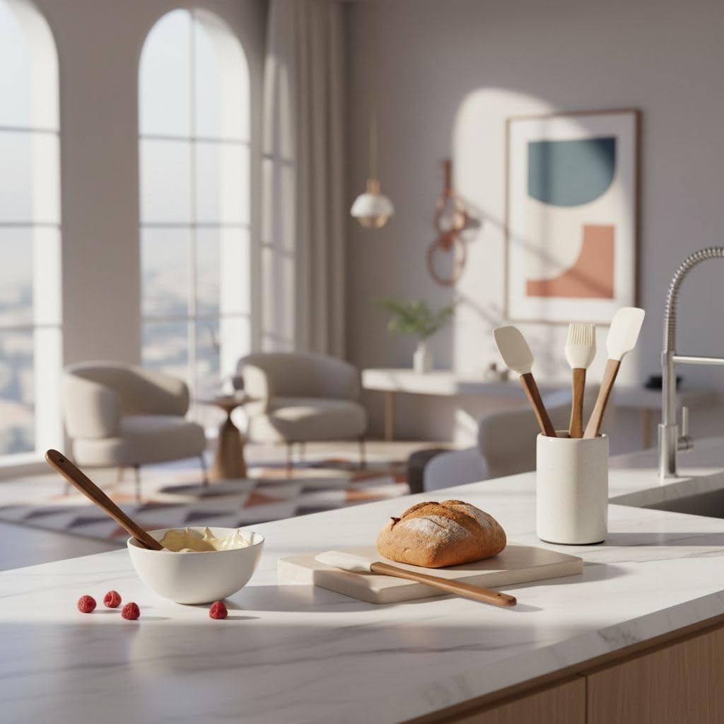 AmberHaus 4'lü Mini Akasya Ahşap Saplı Silikon Spatula Seti - 21 cm Kavanoz Sıyırma, Pasta Süsleme ve Yumurta Fırçası - Yanmaz Yapışmaz Krem Mutfak Seti