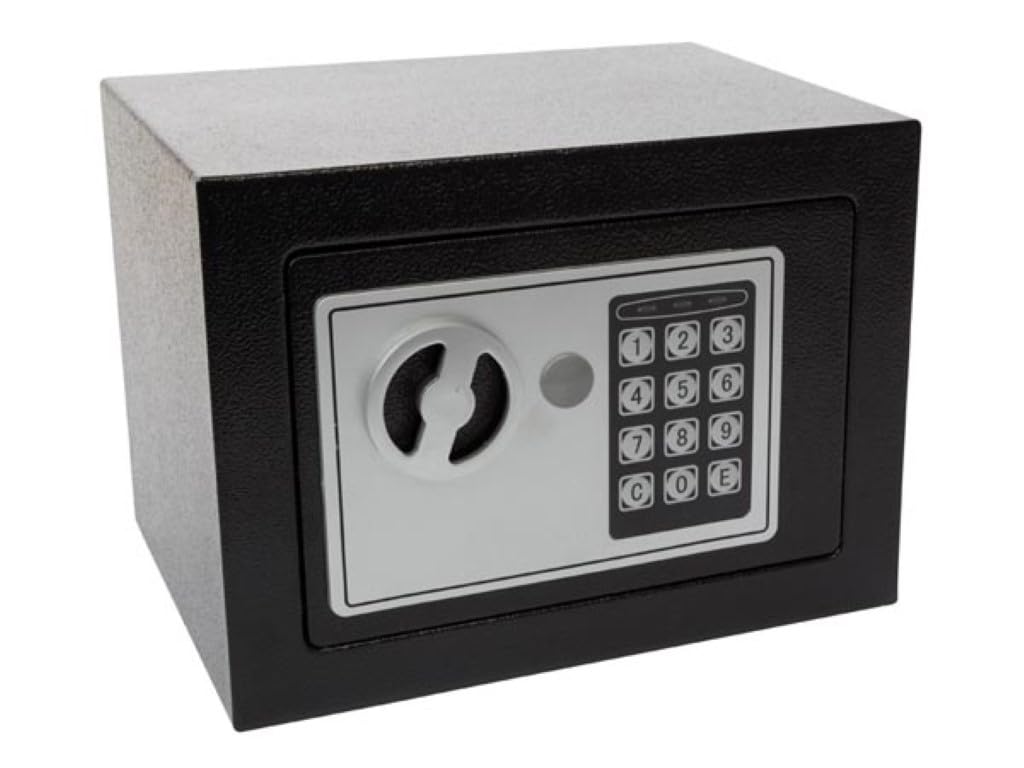 Perel Cassaforte elettronica con codice digitale e chiave di emergenza, cassaforte in acciaio compatta con rivestimento interno morbido, mini cassaforte per gioielli, documenti e contanti, 17x23x17 cm