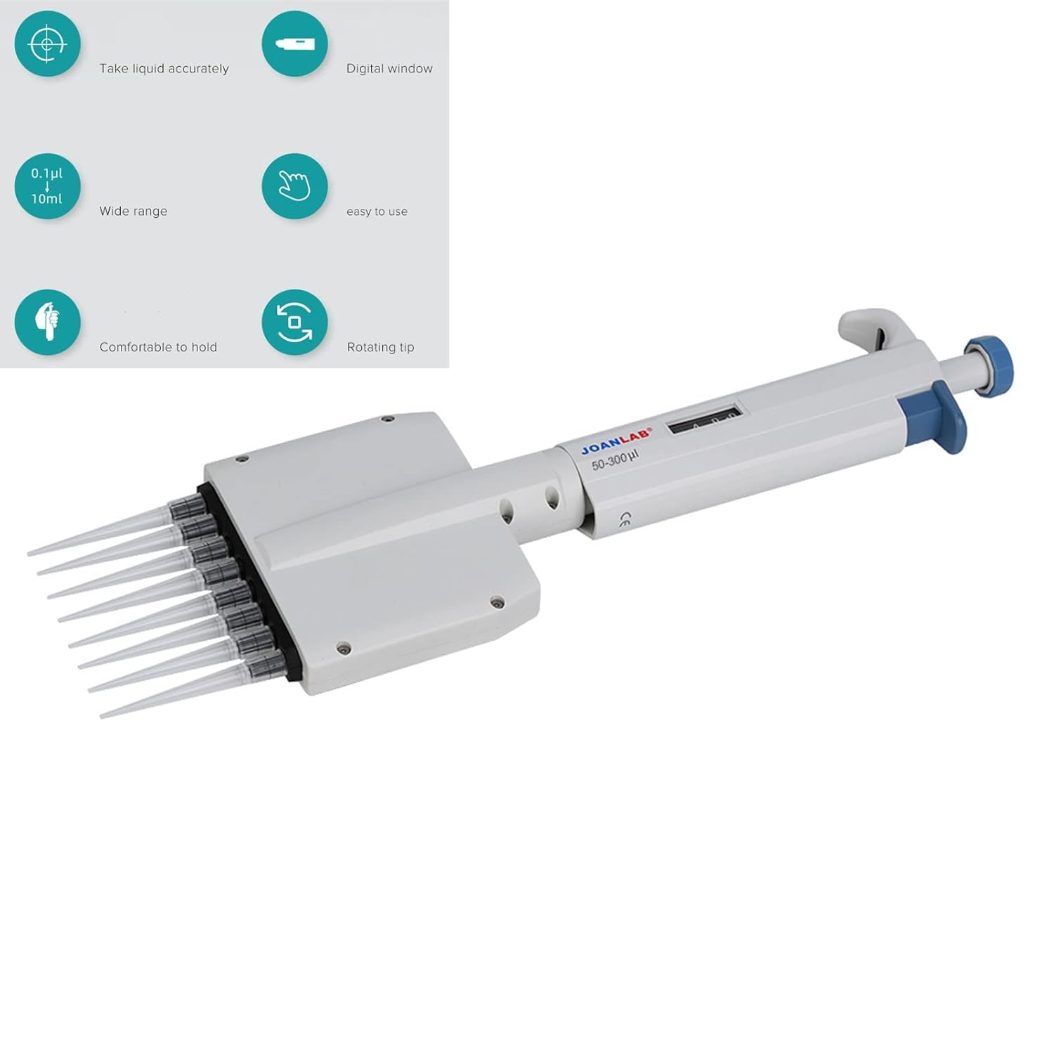8-Channel Multichannel Adjustable Volume Micropipettor for Scientific Lab and School 50-300μl