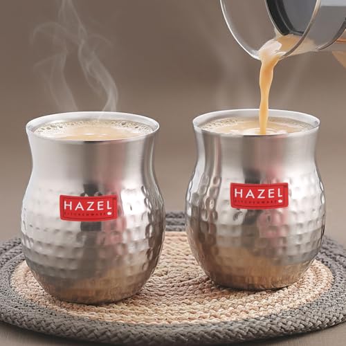 Image of HAZEL Double Wall Stainless Steel Kullad Set of 2 | Hammered Finish Tea & Coffee Cups | 150 ML | 6 cm Diameter