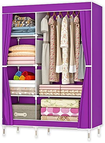 QUMENEY Wardrobe Storage Closet, Portable Clothes Standing Shelves Organizer, Extra Strong and Durable Non-Woven Fabric Rack with Hanging Rods, Quick and Easy to Assemble (Purple)
