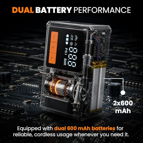 Image of Portronics Vayu Nano Cordless Mini Tyre Inflator for Two-Wheelers, Dual 600 mAh Batteries, Up to 120 PSI Pressure, 7.5 cm Air Hose, Digital Display, Auto Shut-Off, Type-C Charging, LED Light with SOS