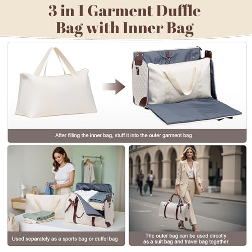 GARPROVM Anzugtasche Reisetasche für Damen, 3 in 1 Umwandelbar Kleidertaschen 2 Säcke Design mit Abnehmbar Handgepäck, Wasserdicht Wochenende Kleidersack Tasche für knitterfreie Reise (Beige)