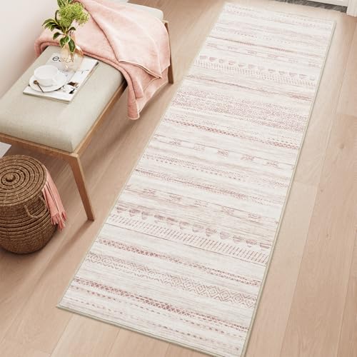 2x8 Pink Runner Rug Machine Washable Non Slip Area Rug Distressed Neutral Moroccan Boho Rug Ultra Soft Floor Runners for Hallways for Entryway Laundry Room Kitchen
