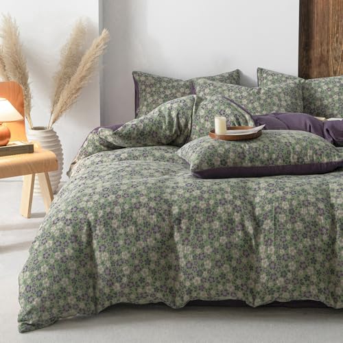 Image of VM VOUGEMARKET Green & Purple Floral Jacquard Duvet Cover Set Queen,Breathable Double Layer Gauze Farmhouse Style Bedding Set for Home