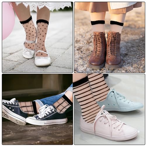 Image of Lusofie 5 Pairs Sheer Black See-Through Socks - Checkered Dot Striped Plaid Ankle Summer Socks for Women - Thin Fashion