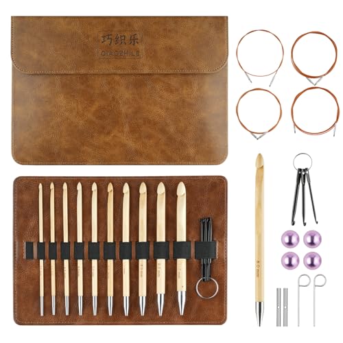 Bamboo Interchangeable Tunisian Crochet Hooks Set, 6-Inch Hooks with Cables