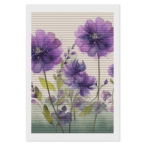 Kit peinture diamant 5D adulte broderie diamant fleurs violettes aquarelle strass