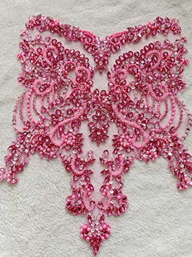 Handmade Red/Blue/Gold/Green Rhinestones Lace Bodice Applique Sewing Beads Crystal Trim Patches Accessory For Dress Clothes (Pink) #TOP2