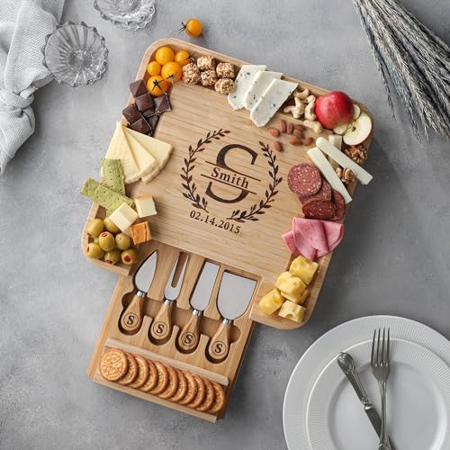 ZEDVANA Bamboo Cheese Board Set With 4 Stainless Steel Knives & Drawer - Charcuterie Platter For Entertaining, Housewarming Gift