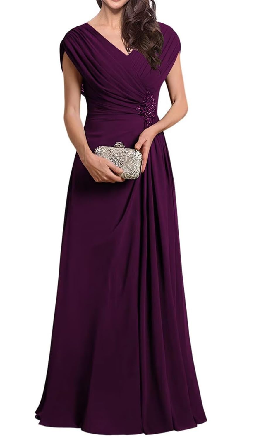 Kiyne Women's Plum Elegant Mother Of The Groom Dresses For Sleeveless Floor Length A Line V Neck Chiffon Mother Of Bride Dress Uk12