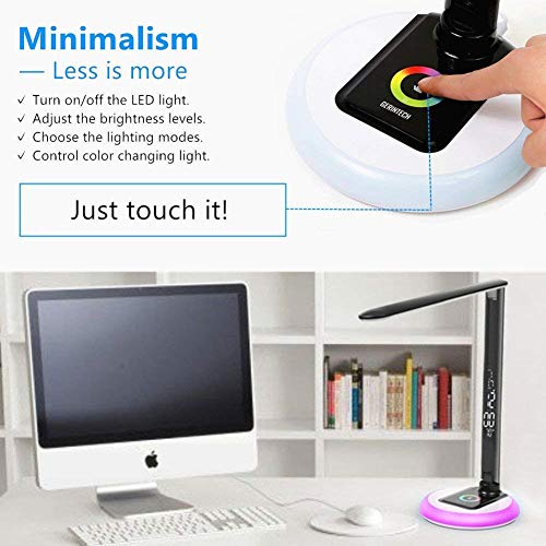 PElight 10W Led Schreibtischlampe Dimmbar Büro Tischleuchte mit Uhr, USB-Aufladung, Farbwechselbasis, Touch-Steuerung, 9… – Bild 4