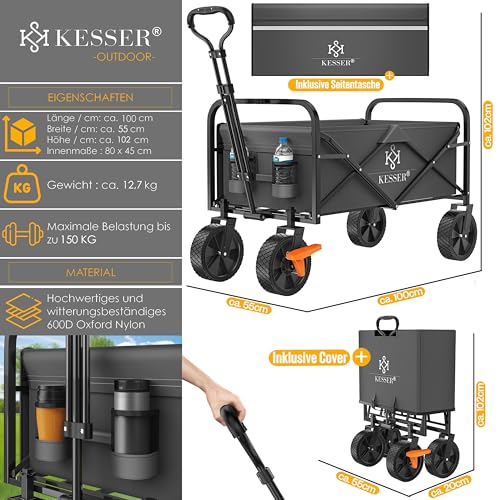 KESSER® Bollerwagen faltbar Handwagen Transportkarre max. 150kg Tragkraft & 360° PVC-Reifen Gerätewagen inkl. 2 Netztaschen, Seitentasche & Abdeckung Transportwagen Gartenanhänger ohne Dach, Anthrazit