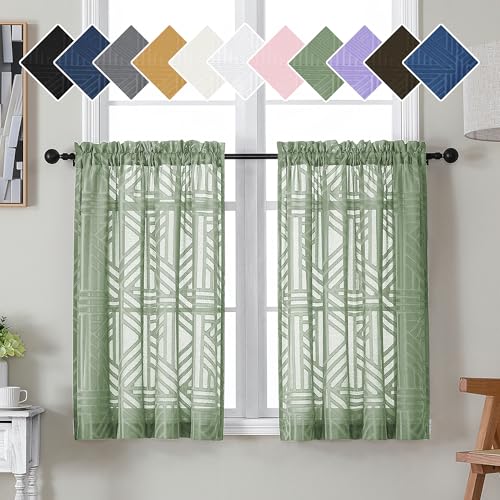 Simplebrand Sage Green Sheer 36 Inch Tier Curtains 2 Panels, Light Filtering Geometric Jacquard Clip Textured Semi Sheer Curtains for Bathroom, 42x36 inch