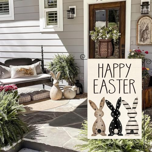 Drapeau de jardin lapins de Pâques double face Happy Easter décor extérieur - 3