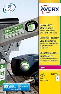 Avery L4775-20 Extra-Strong Adhesive Heavy Duty Weatherproof Labels, 1 Label Per A4 Sheet