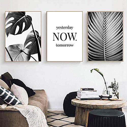 Art mural feuille tropicale noire et blanche 70x100cm pour salon