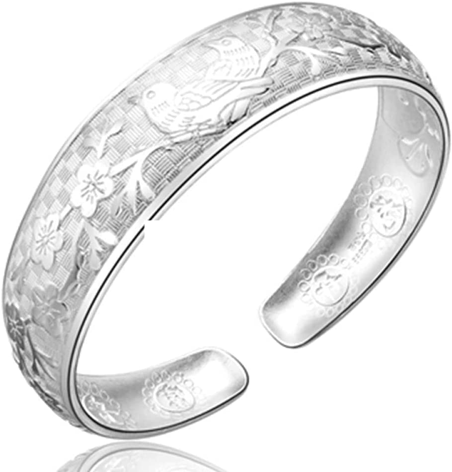 Pulsera de pájaro y flores en plata antialérgica que no pierde su diseño tallado