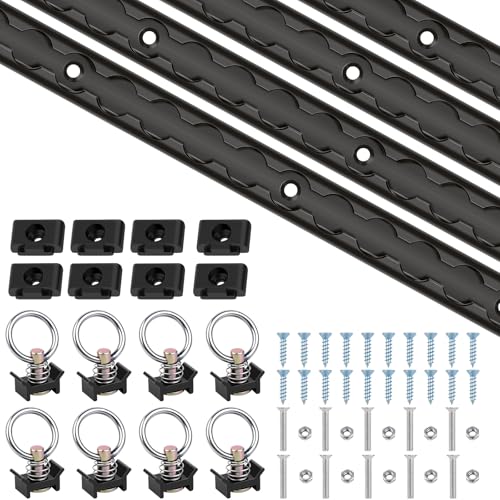 L Track L Track Tie Down Rails Kit 2 Pack 48 (4ft) Black Aluminum L Track Rails with 4 O-Ring & Mounting Screws Heavy Duty L Track System for Truck Bed Trailer ATV UTV & Cargo Management