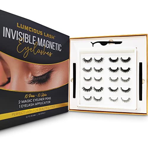 Invisible Magnetic Eyelashes and Eyeliner Kit- 10 Pairs Natural Look False Lashes With 2 Magic Magnetic Eyeliner Pens and Applicator- 3D Reusable Eyelashes- No Glue is Needed (Sassy)