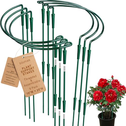 6 Pack Threaded Lock Metal Plant Support Stakes - 25' H Tall Peony Cage, Reusable Detachable Garden...