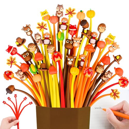 LiYiQ 50 PCS Thanksgiving Stress Relief Bobblehead Pens Maple leaves Pumpkins Scarecrows Turkeys Shape Pens Fun Cute Pen for kids Fidget Kawaii Pen for Classroom Prizes School Office Supplies