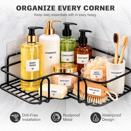 Image of LUMONY Set of 2 Bathroom Organiser Without Drill | Metal Corner Shelf Rack | No Drilling Self Adhesive Wall Mounted Storage Organizer | Rustproof Bathroom-Kitchen Shelves 8-9 Inch (Black)