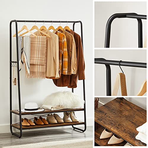 VASAGLE Kleiderständer, Garderobenständer, Garderobe, 2 Ablagen, 6 Haken in S-Form, Stahlgestell, 45 x 100 x 160 cm, für Schlafzimmer, Flur, Eingangsbereich, vintagebraun-schwarz RGR112B01