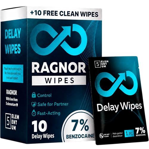 7% Benzocaine Delay Wipes for Long Last for Men - Fast-Acting Formula 10 Individually Wrapped Wipes for Him with Vitamin E Chamomile & Aloe Vera + 10 Personal After Sex Towelettes Clean & Care