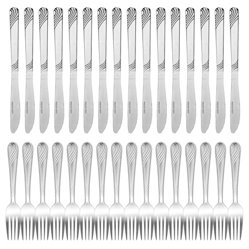 Steakbesteck SetZ 32 Stück Edelstahl Messer Und Gabel Set Silber Besteck Steakmesser Gabel Und Messer Set Für Pizza Steak Spülmaschinenfest Hochglanzpoliert 16Tafelmesser (21cm)+16Tafelgabeln(17cm)