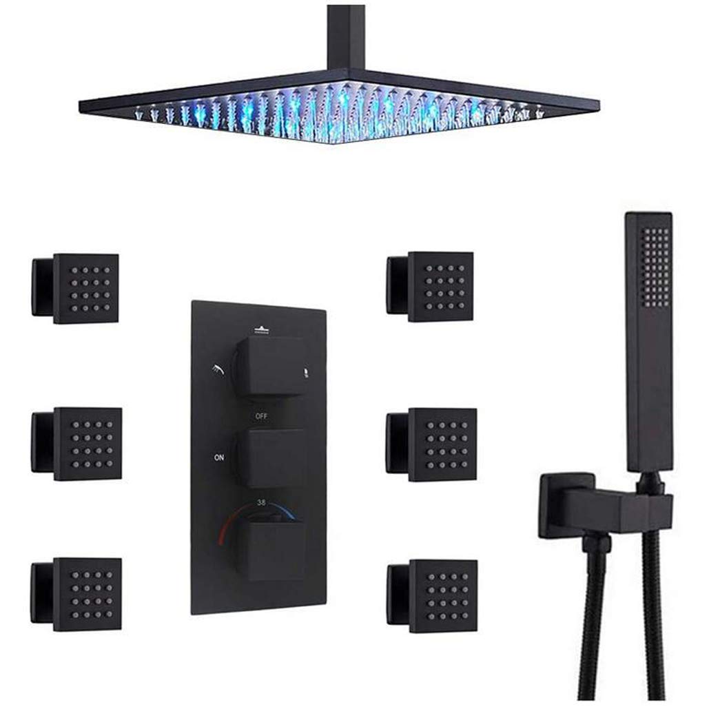 System prysznicowy, termostatyczny, matowy, czarny mosiądz, 10-16 cali, sufitowy system natryskowy z deszczownicą LED, 6 strumieniami wody i zestawem prysznicowym rę,12 Inch