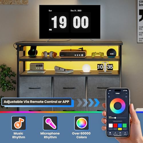 Image of DUMOS TV Stand for Up to 45 inch TV, Entertainment Center with Remote or App-Controlled LED Lights & Charging Station, Media Console Table with 6 Fabric Drawers, 2 Shelves for Living Room, Grey