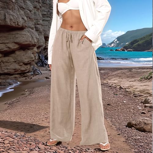 Wide Leg Linen Pants for Women Flowy Summer Pants Elastic Waist Drawstring Palazzo Pants with Pockets Beach Pants4