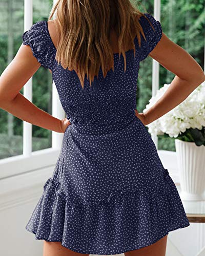 Image of Valphsio Womens Smocked Dress Ruffle Floral Tie Front Boho Short Dresses