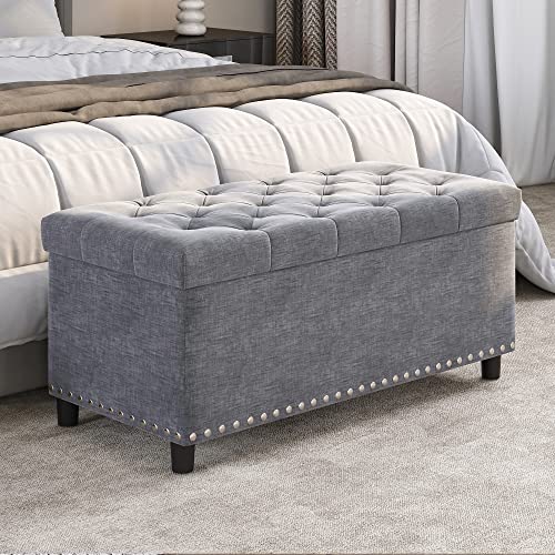 Image of BELLEZE Storage Ottoman, Tufted Ottoman with Close Hinge, Foot Rest for Living Room (Gray, 31 inch)