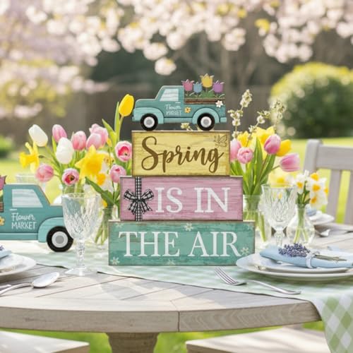 Image of Moucuny 4 Pcs Spring Table Decor Wooden Blue Truck Decoration Flower Centerpiece Spring Tiered Tray Decor Decorative Colorful Flower Block Signs Gift Farmhouse Decoration for Home Kitchen