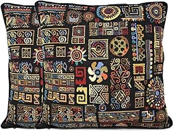 DaDa Bedding Bohemian Tapestry Decorative Throw Pillows 2-Piece Ethnic Ornament Geometric Solid Black - Woven Unique Textile Pattern Design Cushion Covers with Inserts- 16" x 16"