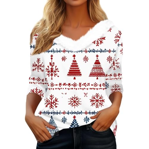 Camiseta de Navidad para mujer con ribete de pelo y estampado noruego, camiseta de manga larga para Adviento, camiseta festiva y elegante con cuello en V, Style_b01 Blanco, L